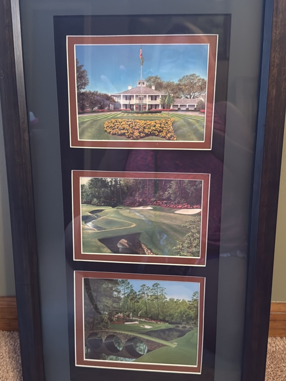 Framed Triptych Golf Course Prints in Brown Frame